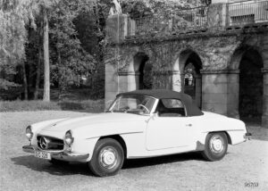 A contributor to letters from vintage Mercedes owners provided this picture - A pristine 1955 Mercedes 190SL parked in front of a historic building.]