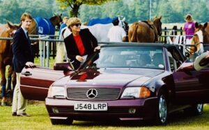 Here is a picture of Princess Diana getting into her 1985 Mercedes-Benz 500SL. She is one of many famous people who own vintage Mercedes-Benz cars