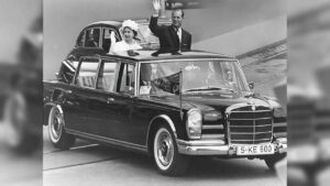 Here is a picture of Queen Elizabeth II in her 1965 Mercedes-Benz 600 Pullman. She is one of several famous people who own vintage Mercedes-Benz cars.