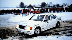 A picture of a vintage Mercedes rally car. When you prep a vintage Mercedes for a 500 mile rally, you have to get it in shape like the one in the picture